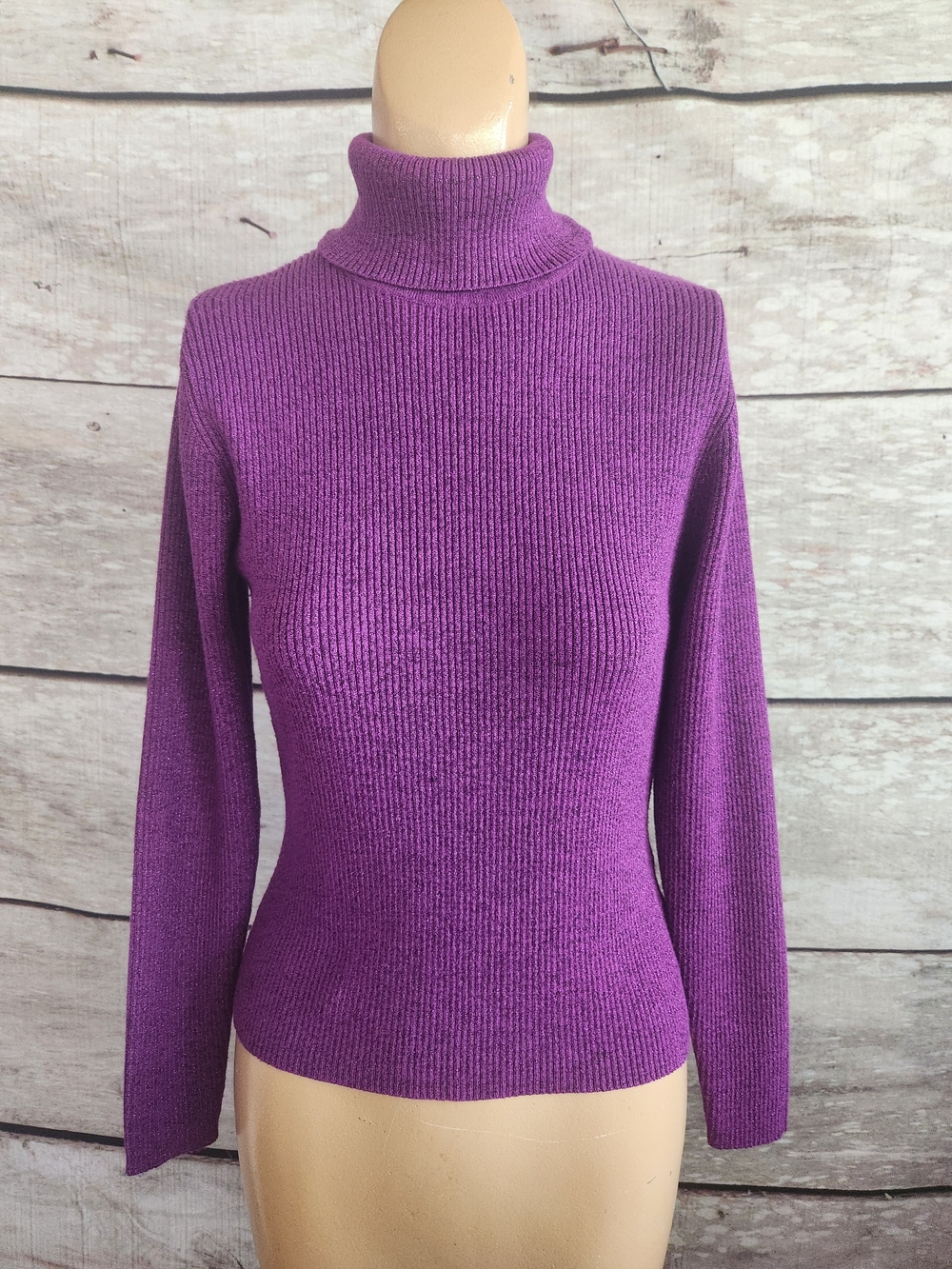 Metallic Purple Turtleneck Ribbed Women's Sweater